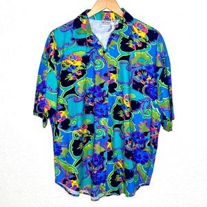 Retro 80s Details Sportswear Vibrant Floral Button Front Shirt Women’s L